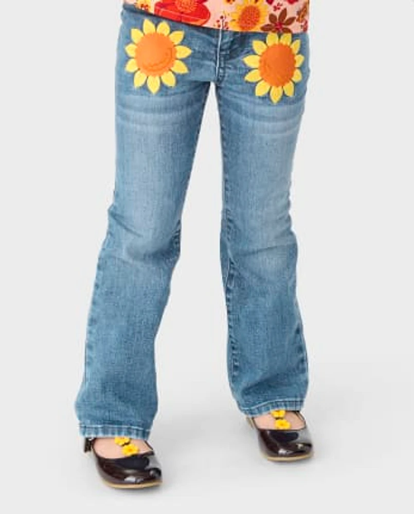 Girls Applique Sunflower Bootcut Jeans - Happy Harvest