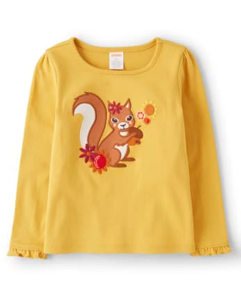 Girls Embroidered Squirrel Top - Happy Harvest