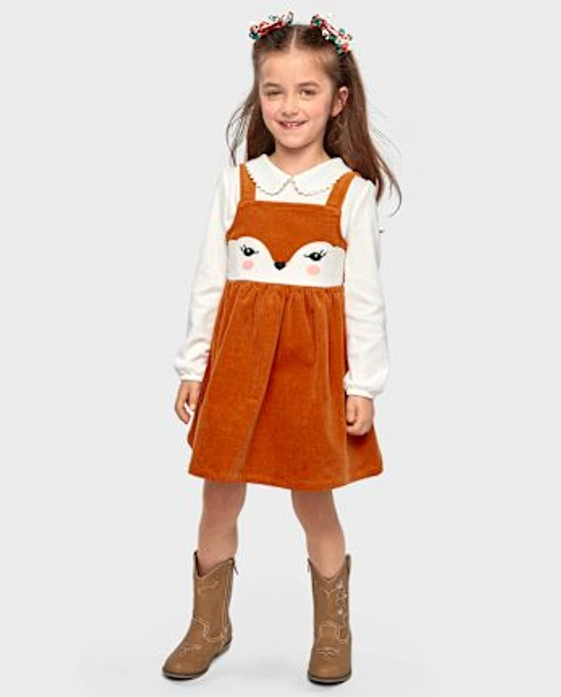 Girls Embroidered Fox Corduroy Jumper - Autumn Adventures