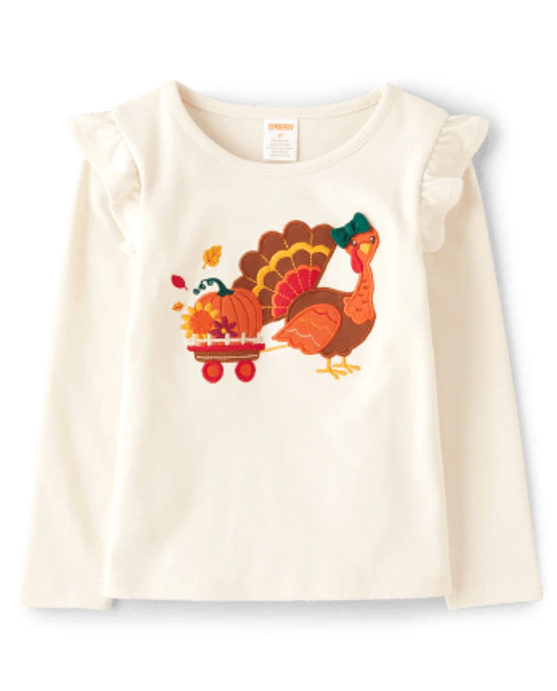 Girls Embroidered Turkey Flutter Top - Happy Harvest