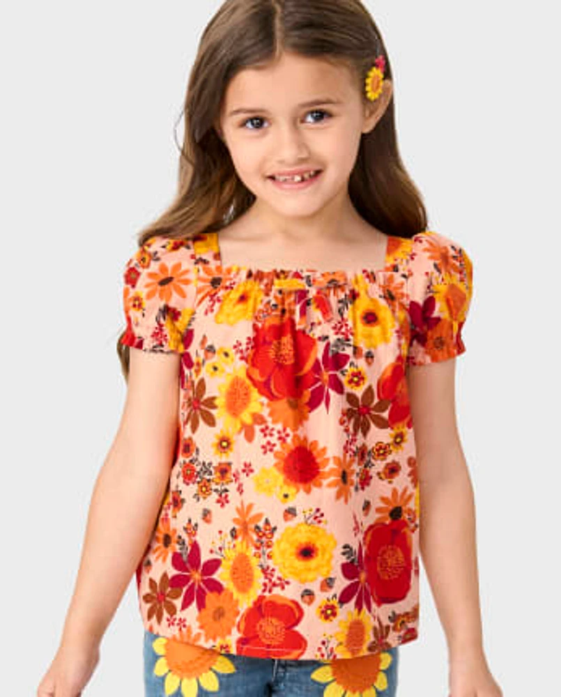 Girls Floral Flannel Top - Happy Harvest