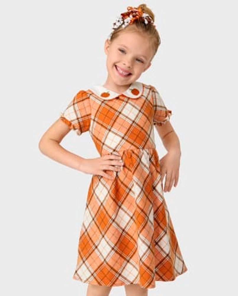 Girls Plaid Twill Peter Pan Dress - Lil' Pumpkin