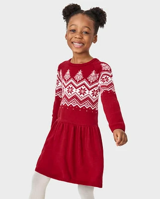 Girls Intarsia Snowflake Fairisle Sweater Dress - A Royal Christmas