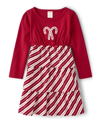 Girls Embroidered Candy Canes Ruffle Tiered Dress - A Royal Christmas