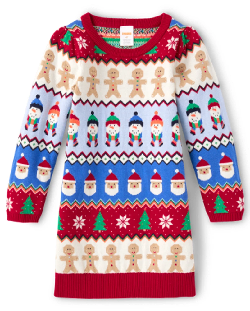 Girls Christmas Fairisle Sweater Dress - Very Merry