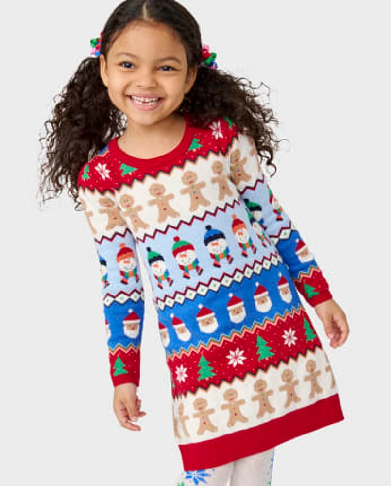 Girls Christmas Fairisle Sweater Dress - Very Merry