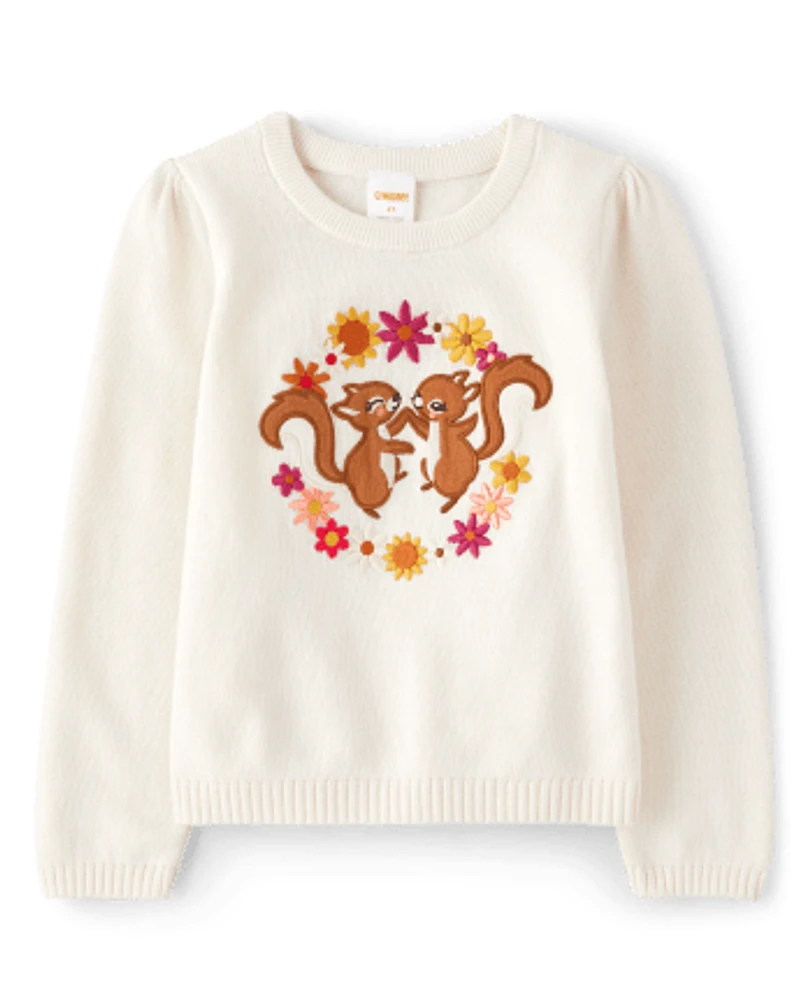 Girls Embroidered Squirrel Sweater - Happy Harvest