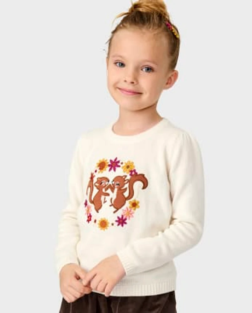 Girls Embroidered Squirrel Sweater - Happy Harvest