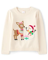 Girls Embroidered Reindeer Snowman Sweater - Very Merry