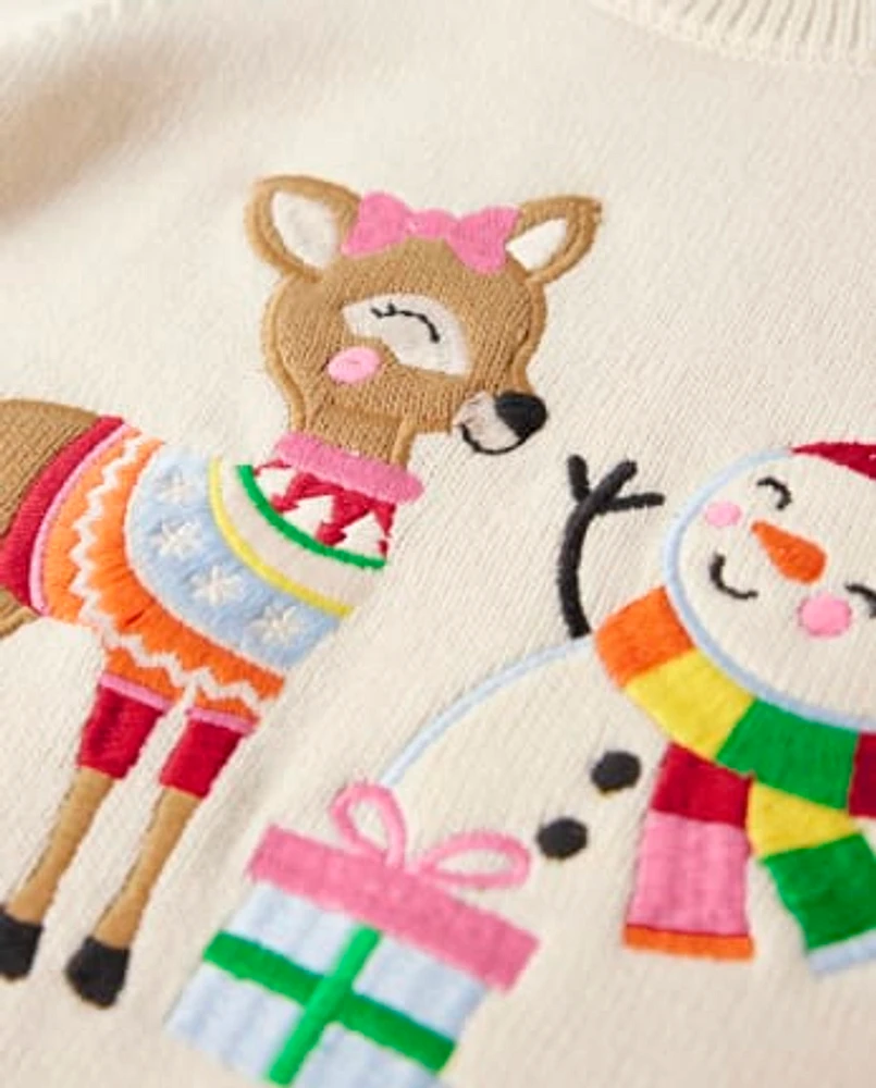 Girls Embroidered Reindeer Snowman Sweater - Very Merry