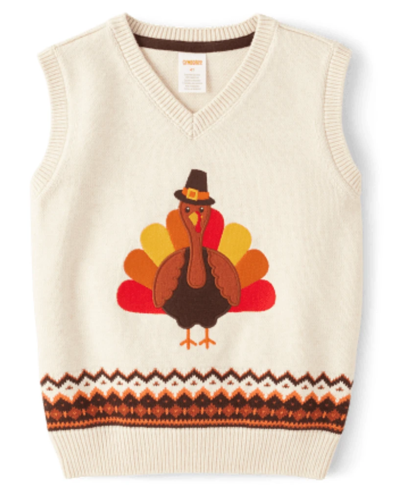 Boys Intarsia Turkey Sweater Vest - Happy Harvest