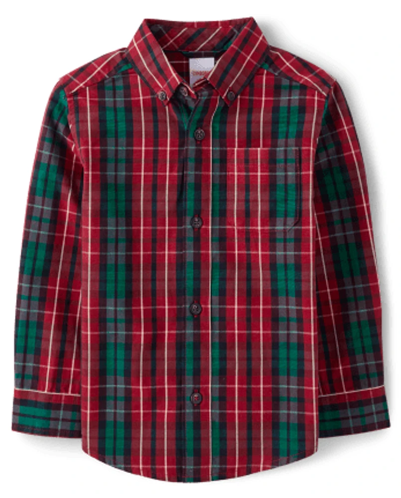 Boys Matching Family Plaid Poplin Button Up Shirt - A Royal Christmas