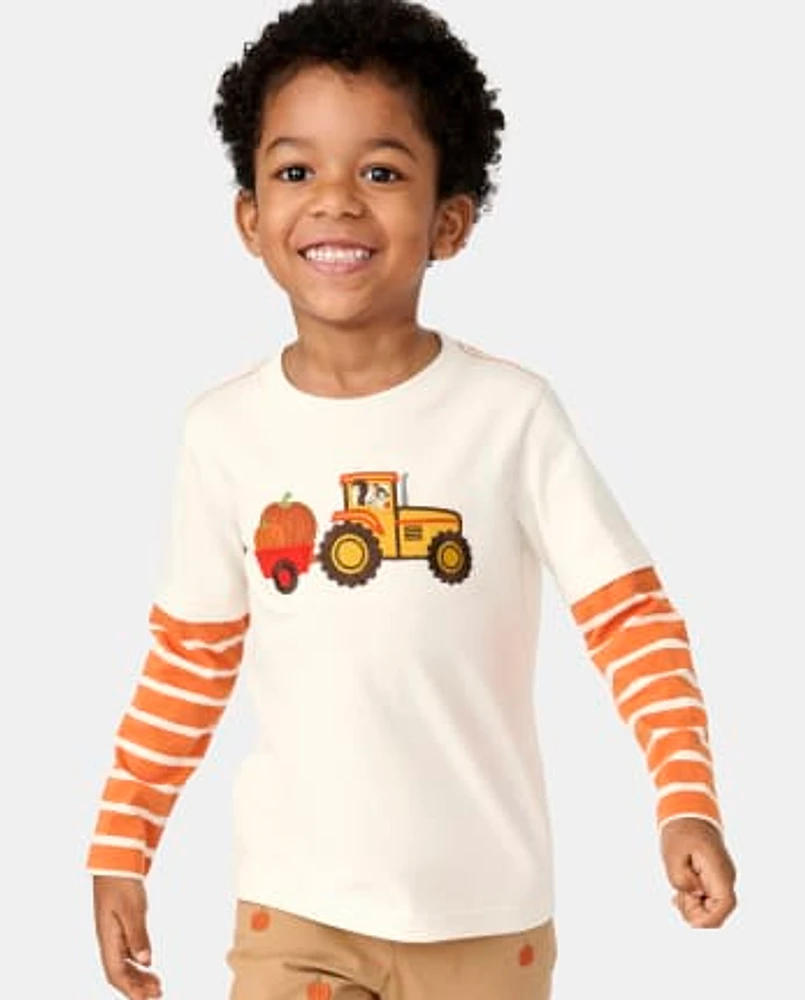 Boys Embroidered Tractor Layered Top - Lil' Pumpkin