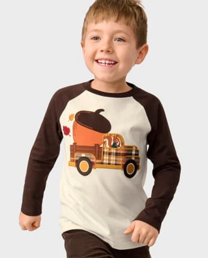 Boys Embroidered Truck Raglan Top - Happy Harvest