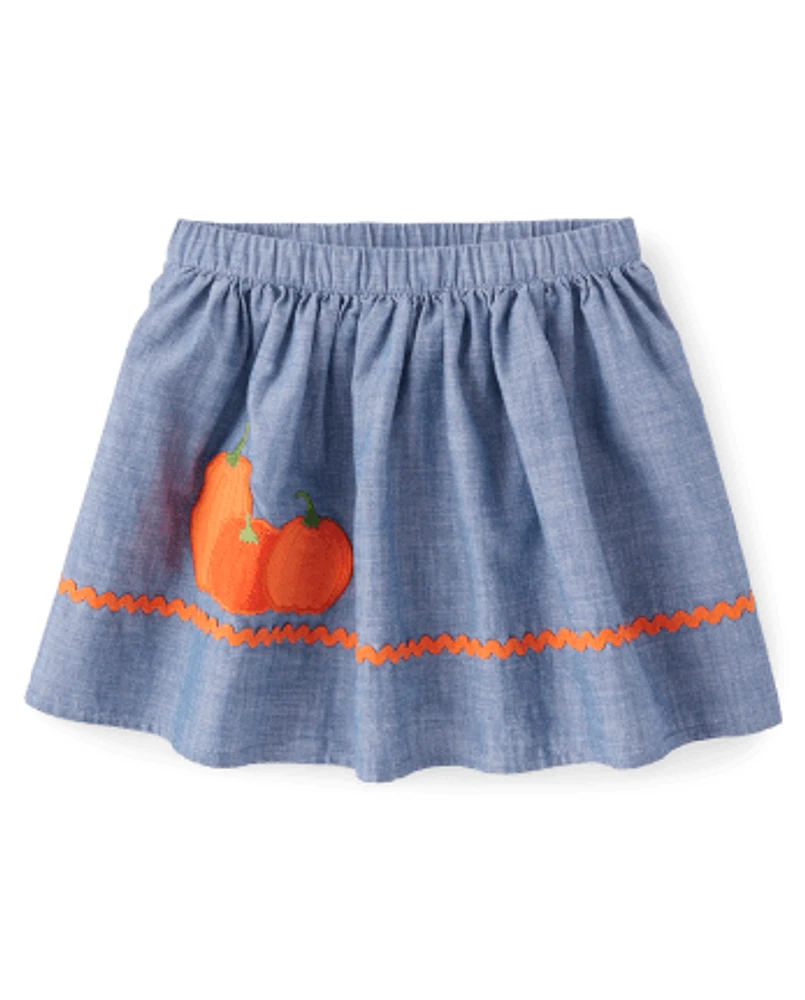 Jupe-short en chambray brodée citrouille pour fille - Lil' Pumpkin