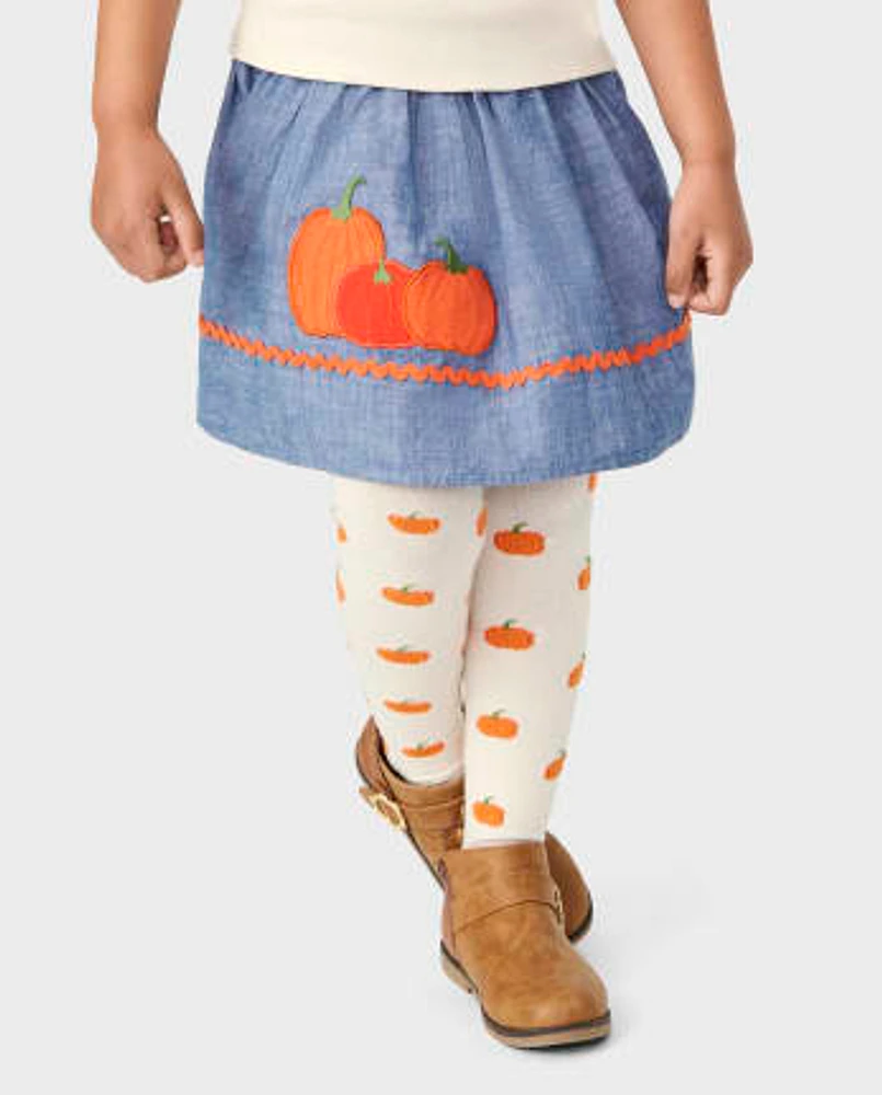 Jupe-short en chambray brodée citrouille pour fille - Lil' Pumpkin