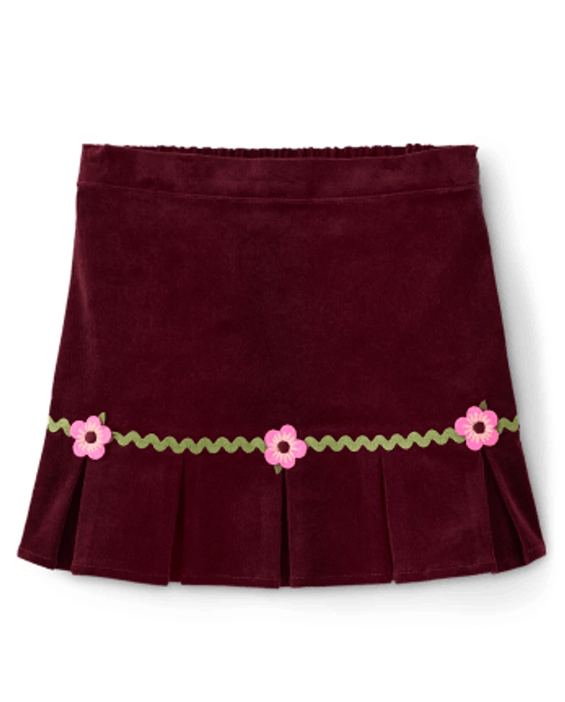 Girls Flower Corduroy Pleated Skirt - Enchanted Forest