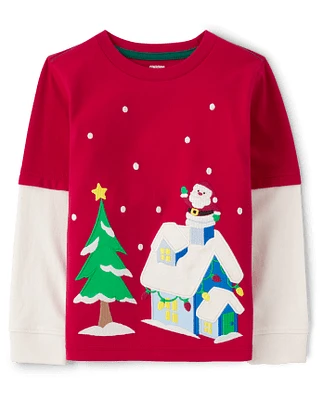 Boys Embroidered Christmas Scene Layered Top - Very Merry