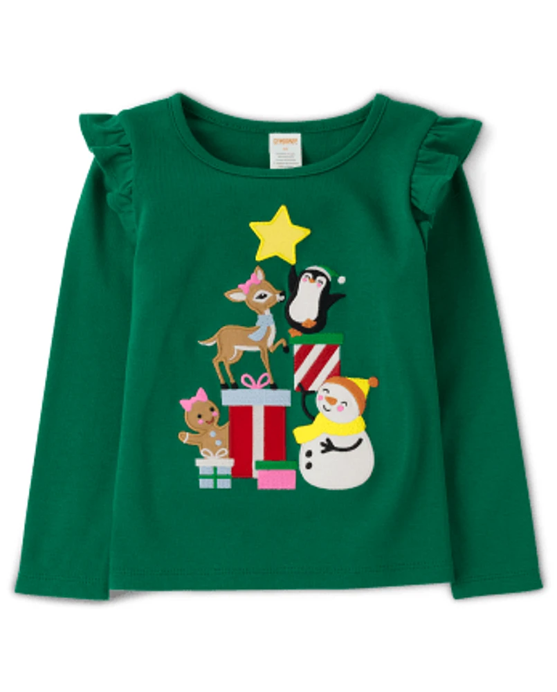 Girls Embroidered Christmas Tree Scene Flutter Top - Very Merry