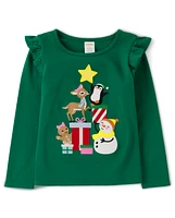 Girls Embroidered Christmas Tree Scene Flutter Top - Very Merry