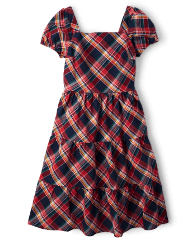 Womens Matching Family Plaid Poplin Tiered Dress - Apple Orchard