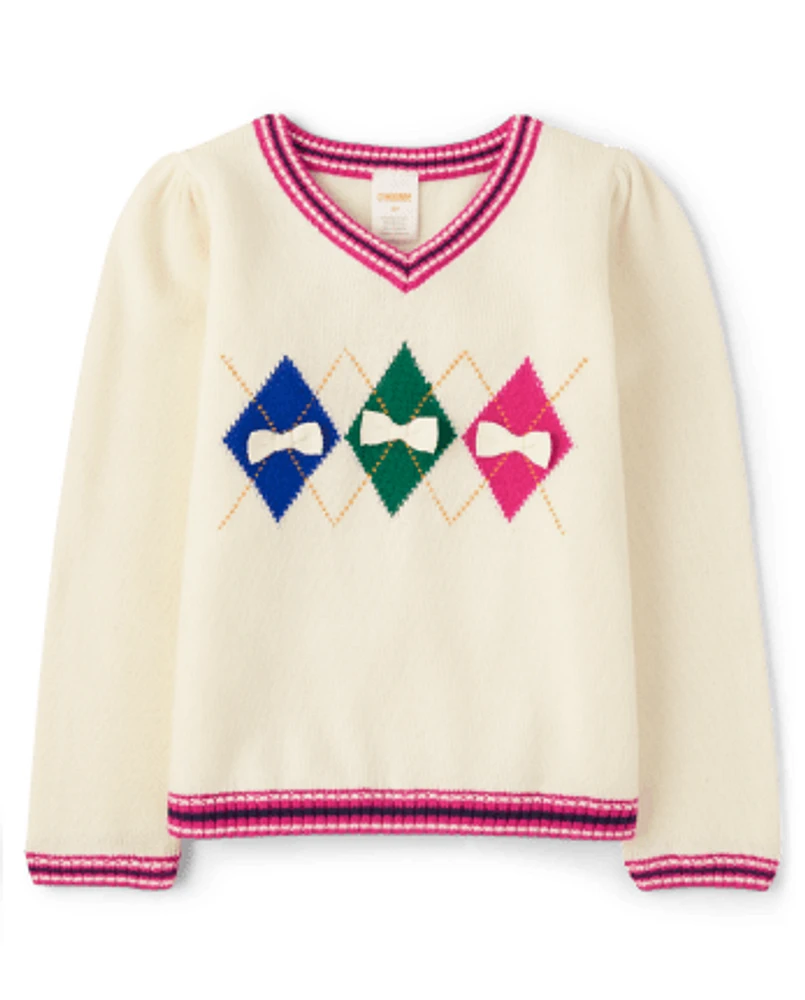 Girls Intarsia Argyle V-Neck Sweater - Prep School