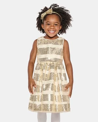 Girls Sequin Striped Fit And Flare Dress - All Dressed Up