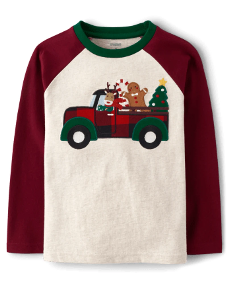 Boys Embroidered Truck Raglan Top - Christmas Cabin