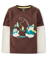 Boys Embroidered Polar Bear Layered Top - Nordic Adventure