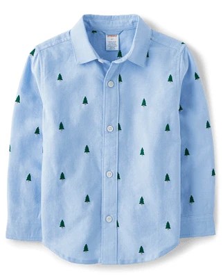 Chemise Oxford boutonnée motif sapin de Noël Schiffli pour garçon - Casse-Noisette