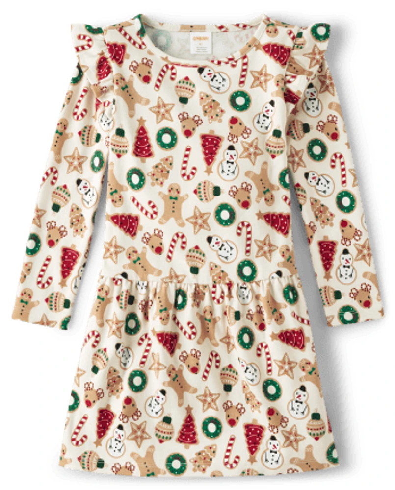 Girls Christmas Cookies Ruffle Dress - Cabin