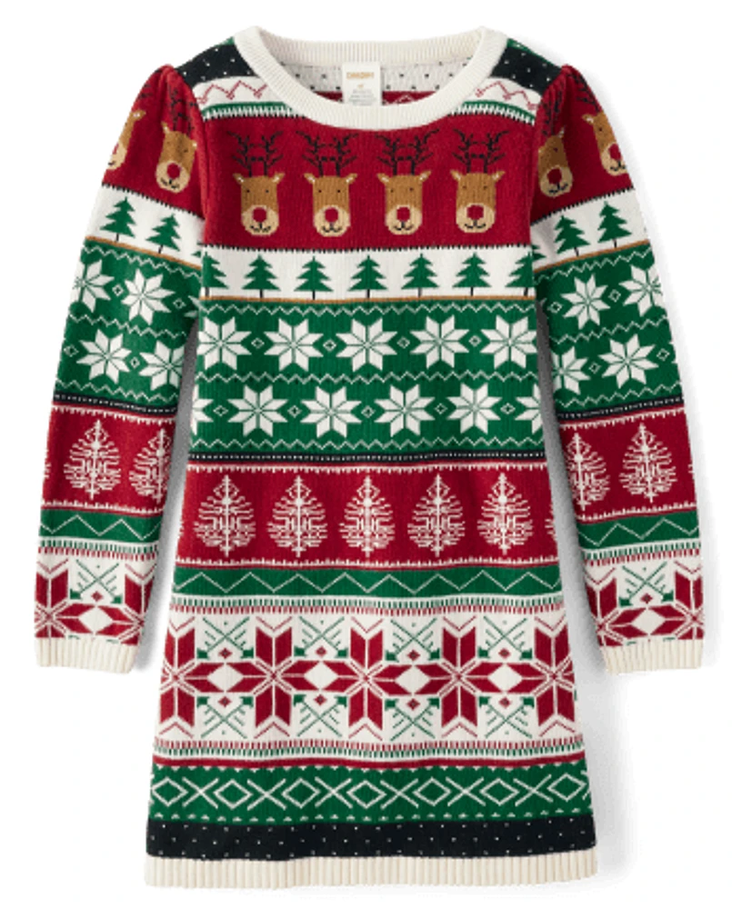 Girls Intarsia Fairisle Sweater Dress - Christmas Cabin