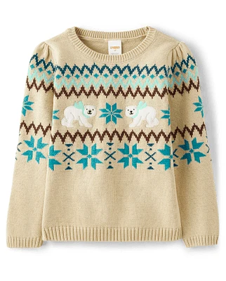 Girls Applique Polar Bear Fairisle Sweater - Nordic Adventure