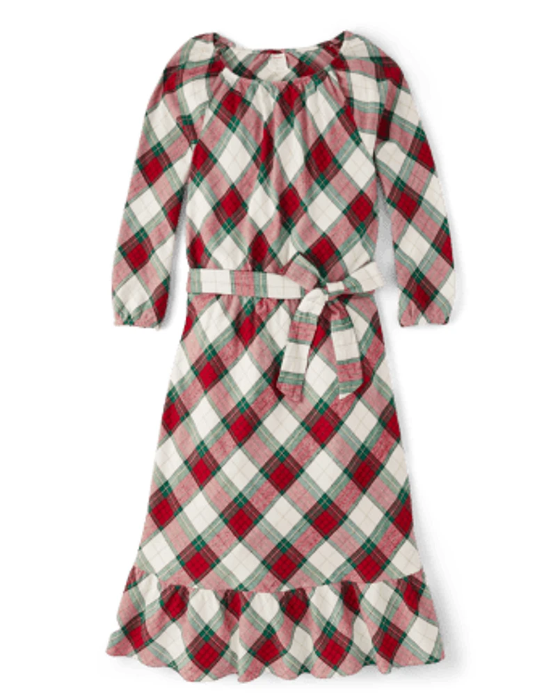 Womens Matching Family Plaid Ruffle Dress - Christmas Cabin