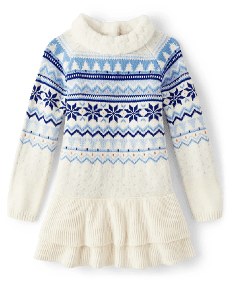 Robe-chandail à volants en jacquard flocon de neige pour fille