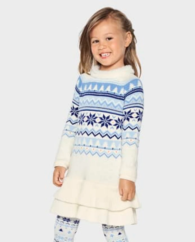 Girls Snowflake Fairisle Tiered Sweater Dress