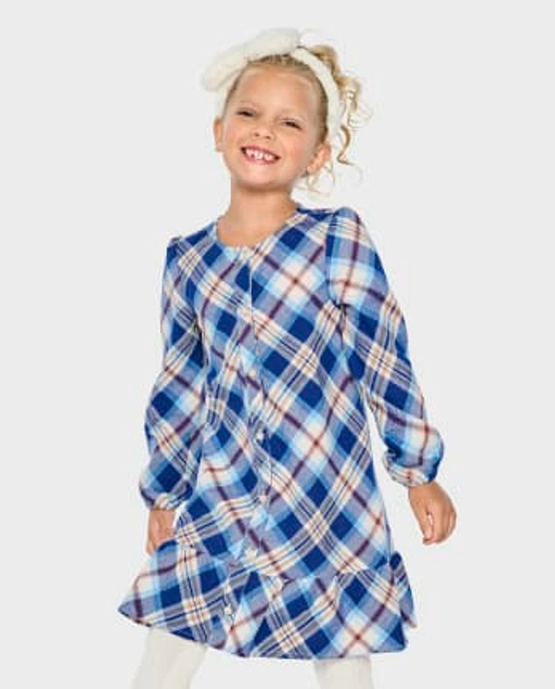 Girls Matching Family Plaid Twill Shirt Dress