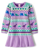 Girls Intarsia Fairisle Peplum Sweater Dress - Dino Friends