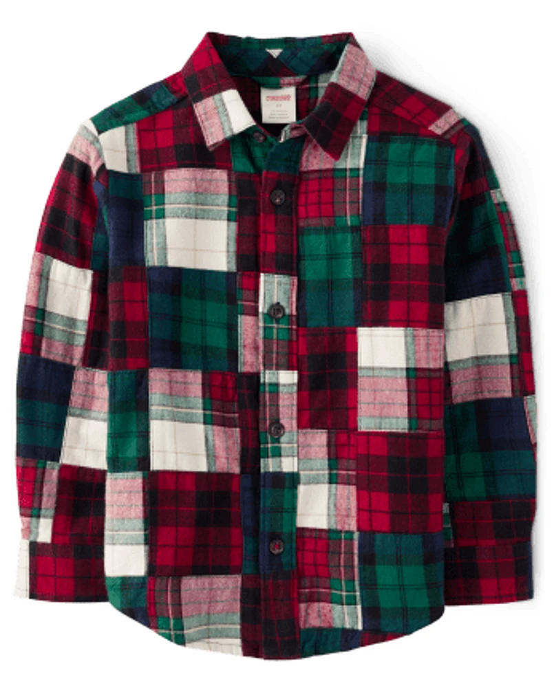 Boys Patch Plaid Shirt - Christmas Cabin