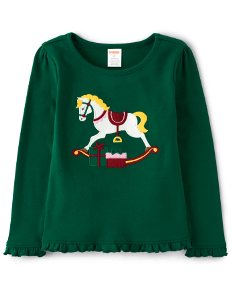 Girls Embroidered Rocking Horse Ruffle Top - Nutcracker