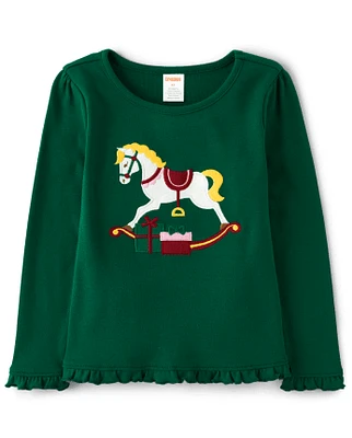 Girls Embroidered Rocking Horse Ruffle Top - Nutcracker