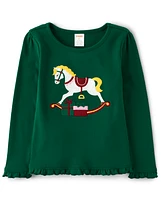 Girls Embroidered Rocking Horse Ruffle Top - Nutcracker