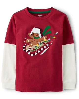 Boys Embroidered Gingerbread Sled Layered Top - Christmas Cabin