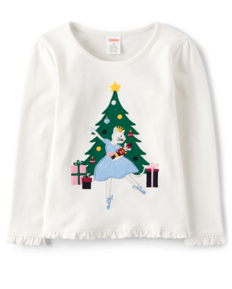 Girls Embroidered Ballerina Cat Ruffle Top - Nutcracker