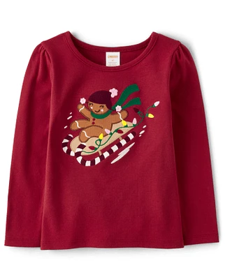 Girls Embroidered Gingerbread Sled Top - Christmas Cabin