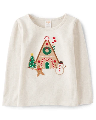 Girls Embroidered Gingerbread House Top - Christmas Cabin