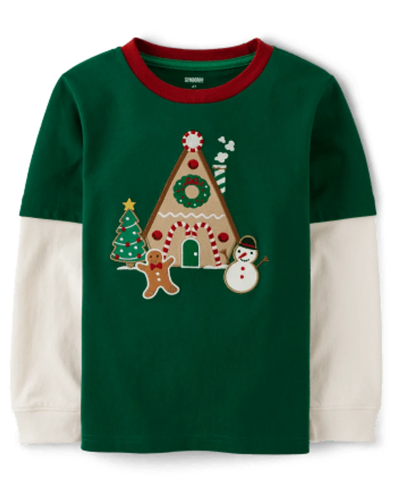 Boys Embroidered Gingerbread House Layered Top - Christmas Cabin