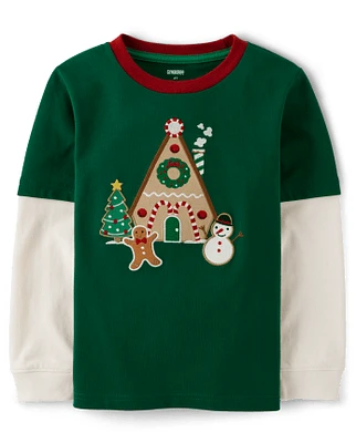 Boys Embroidered Gingerbread House Layered Top - Christmas Cabin