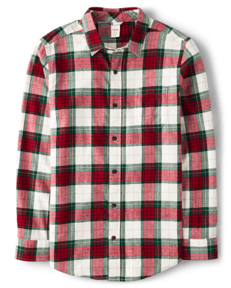 Mens Matching Family Plaid Button Up Shirt - Christmas Cabin