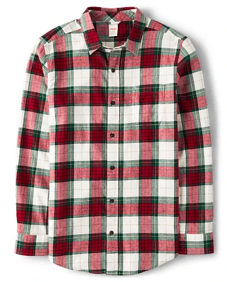 Mens Matching Family Plaid Button Up Shirt - Christmas Cabin